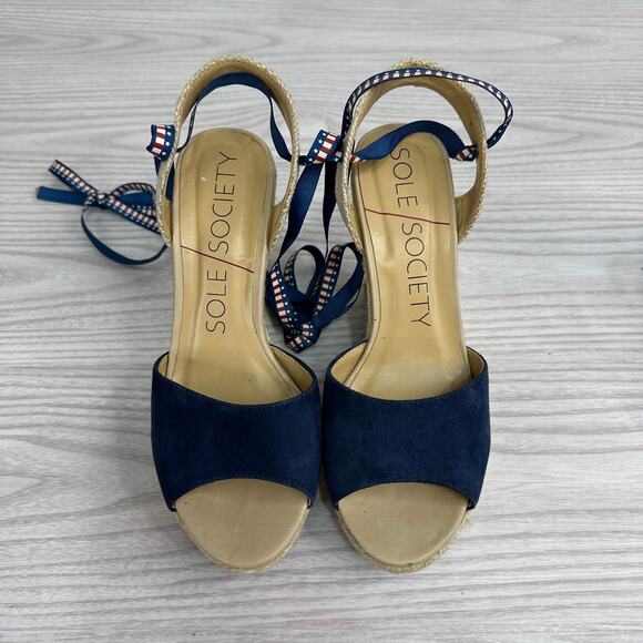 Sole Society Sena Espadrille Wedge Sandals 6.5 Navy Kid Suede Canvas Ankle Strap - Picture 12 of 13